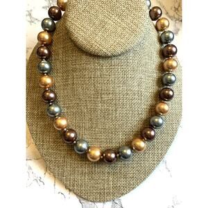 Bold Glass Pearl Necklace Hand Knotted Warm Luster Green Bronze Cream Classic